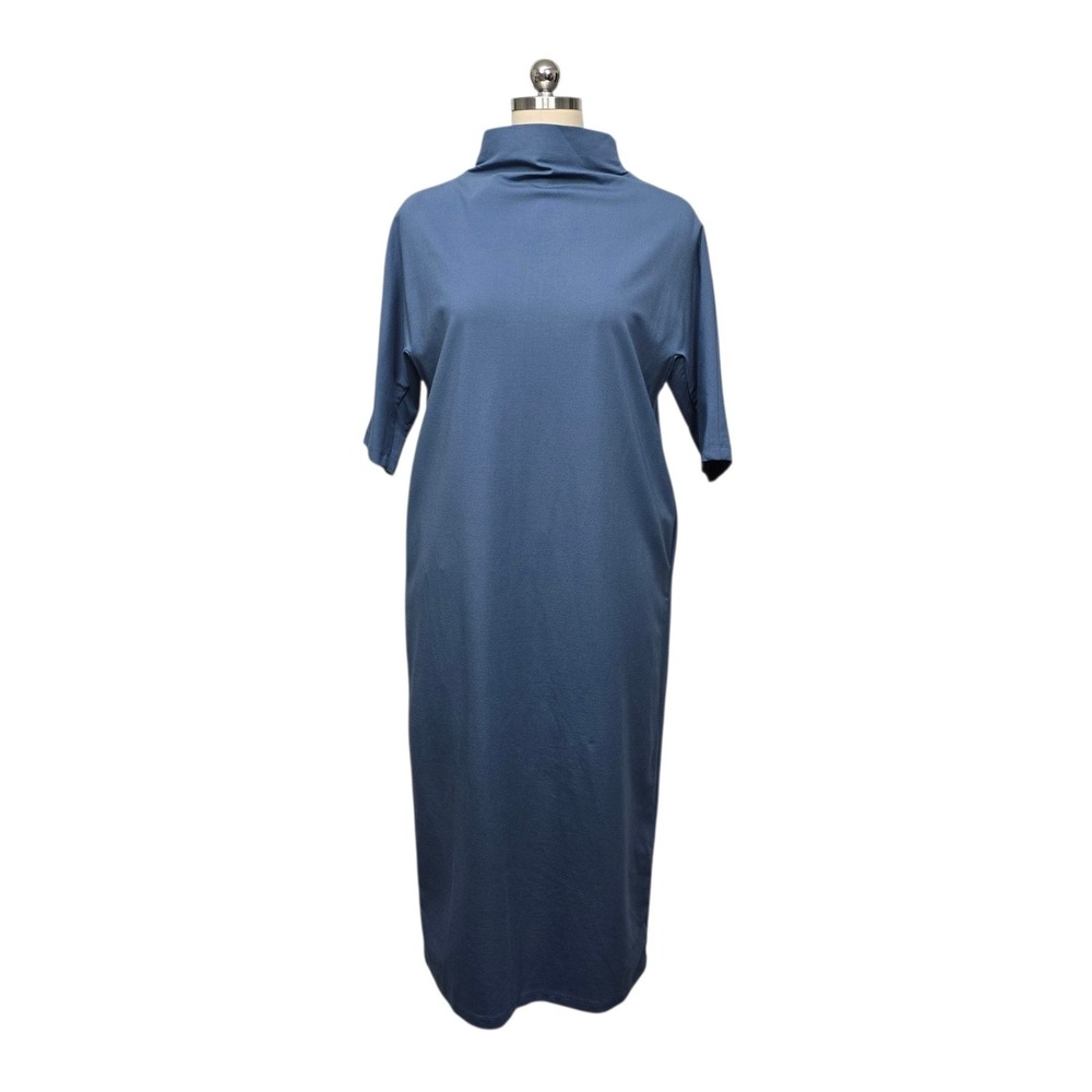Gentle Herd Blue Mock Neck Midi Dress Short Sleeve Viscose Blend Size M NEW